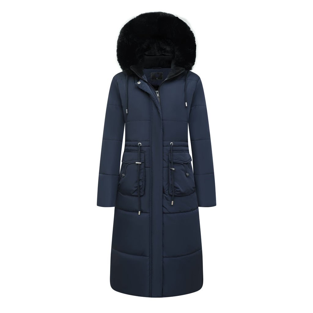 Women’s Cotton Jacket Drawstring Cinched Hoodie Fleece-lined Warm - Dark Blue / S