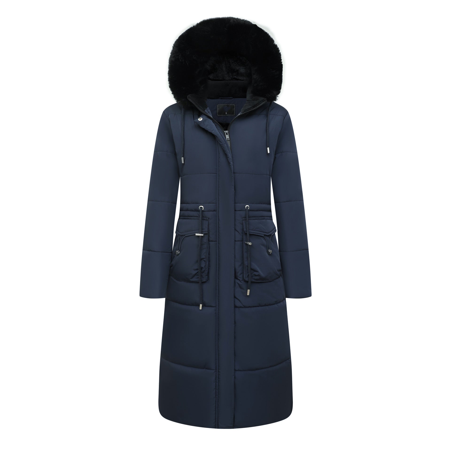 Women’s Cotton Jacket Drawstring Cinched Hoodie Fleece-lined Warm - Dark Blue / S