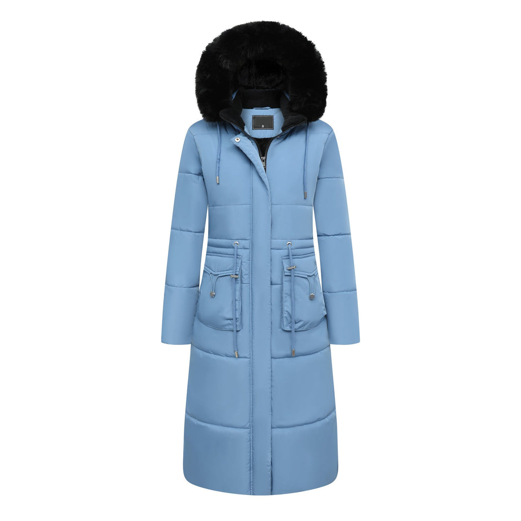 Women’s Cotton Jacket Drawstring Cinched Hoodie Fleece-lined Warm - Denim Blue / S