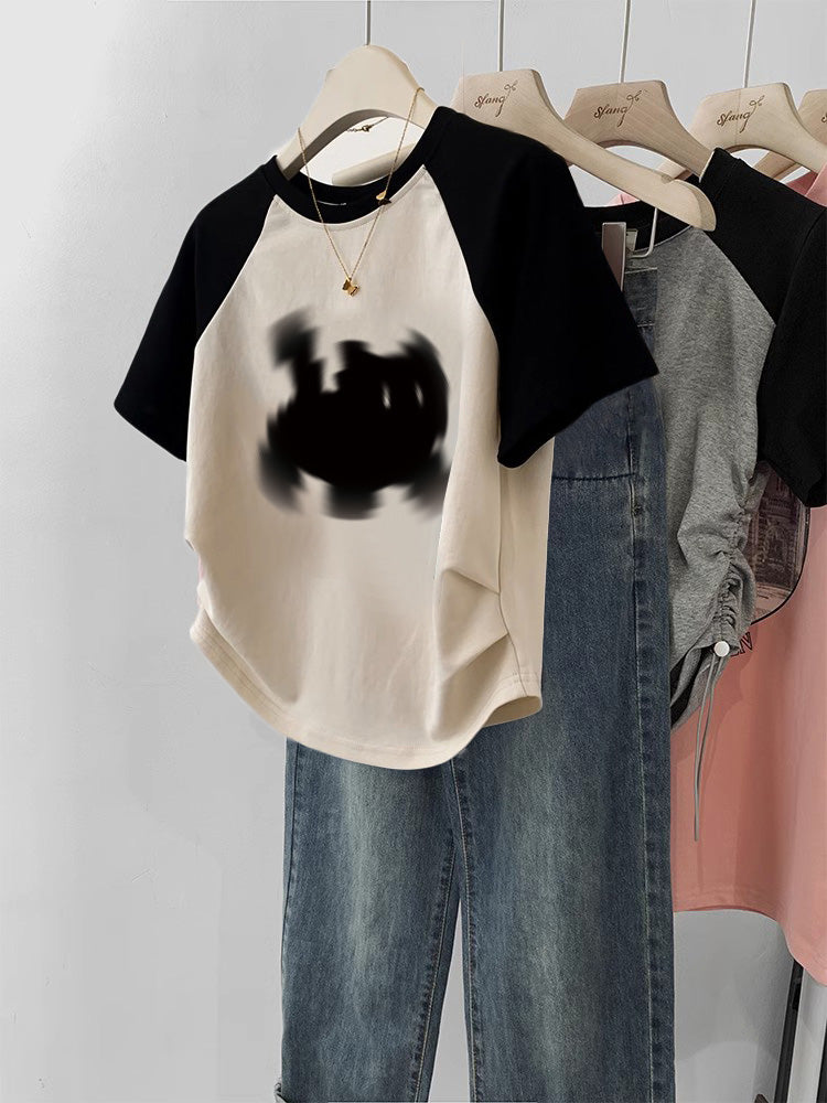 Women’s Gentle Sweet And Spicy Short T-shirt - 5921 Beige And Black / M