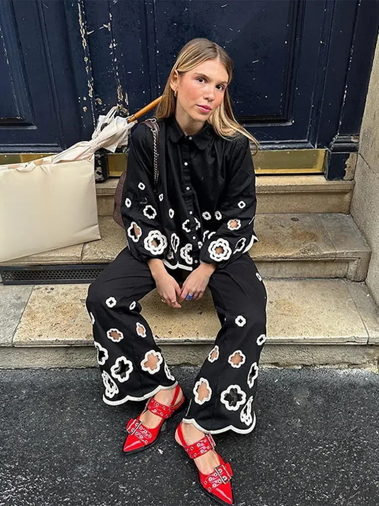 Geometric Bloom Luxury Clothing Set - Black / S