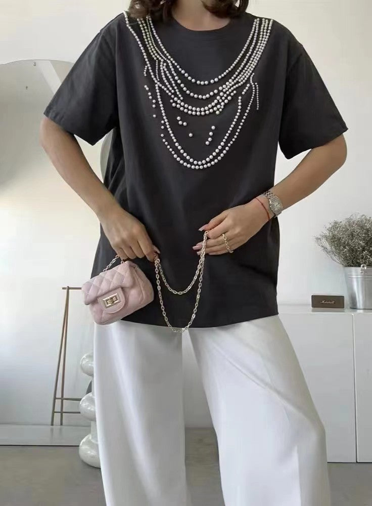 Heavy Industry Beads Pearl All-match Slimming And Fashionable Top - Black / S