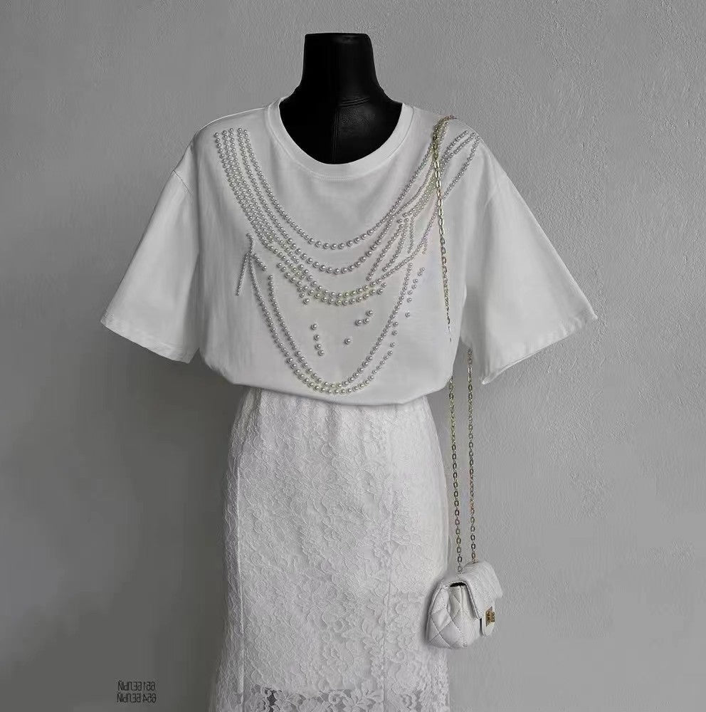 Heavy Industry Beads Pearl All-match Slimming And Fashionable Top - White / S