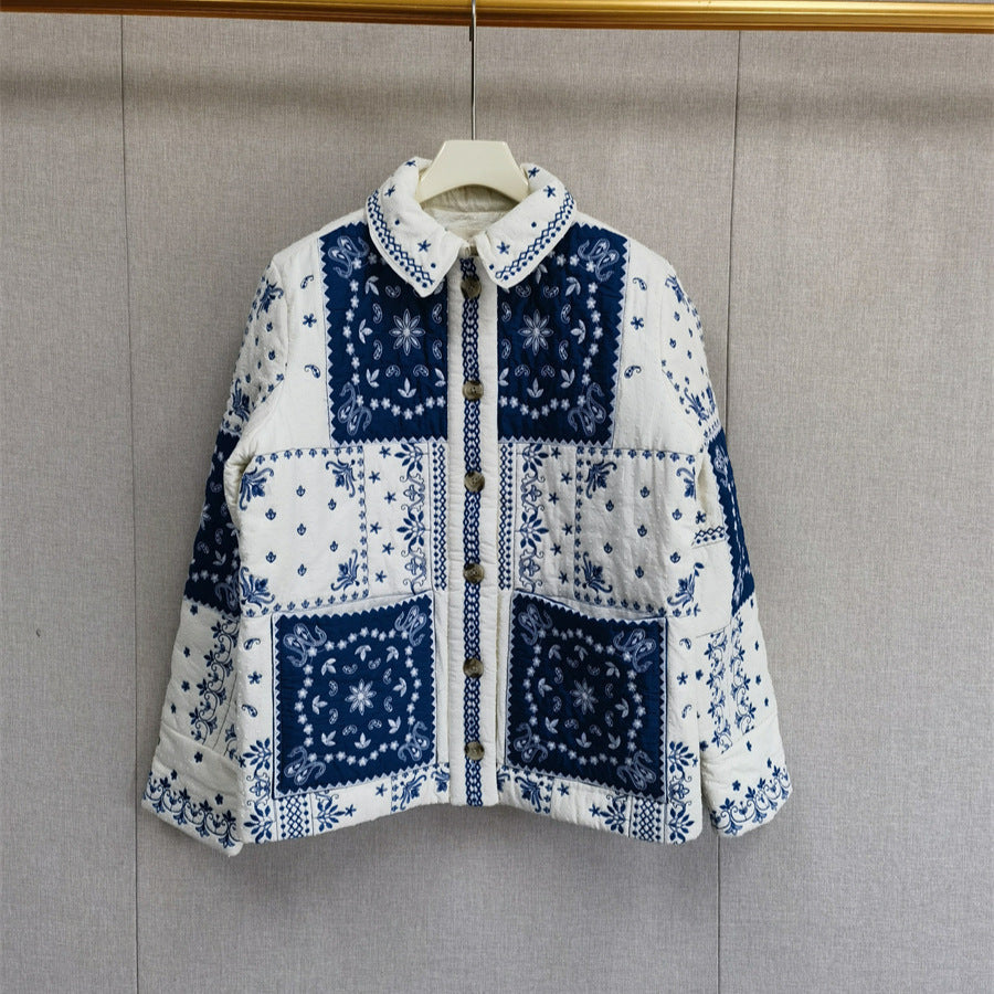 Autumn And Winter Ethnic Style Floral Contrast Color Thin Embroidery Cotton-padded Jacket - Blue And White Embroidery