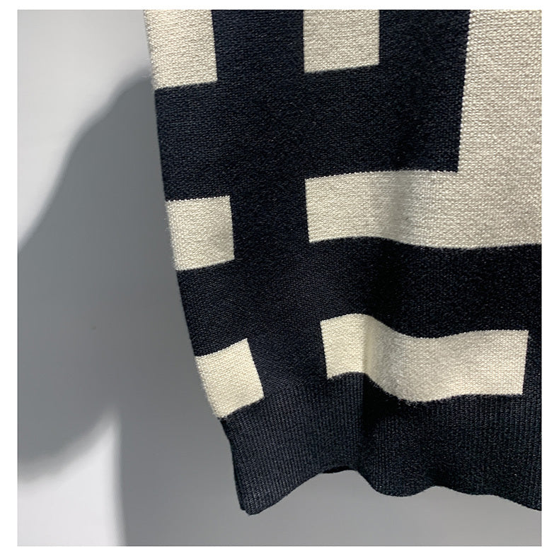 Men’s New Fashion Versatile Geometric Jacquard Sweater Half Sleeve Round Neck