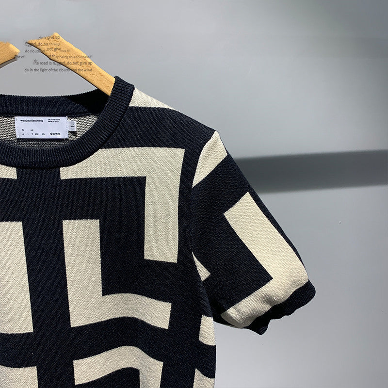 Men’s New Fashion Versatile Geometric Jacquard Sweater Half Sleeve Round Neck