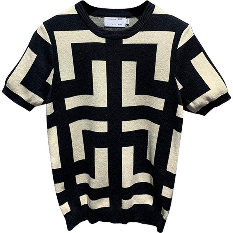 Men’s New Fashion Versatile Geometric Jacquard Sweater Half Sleeve Round Neck