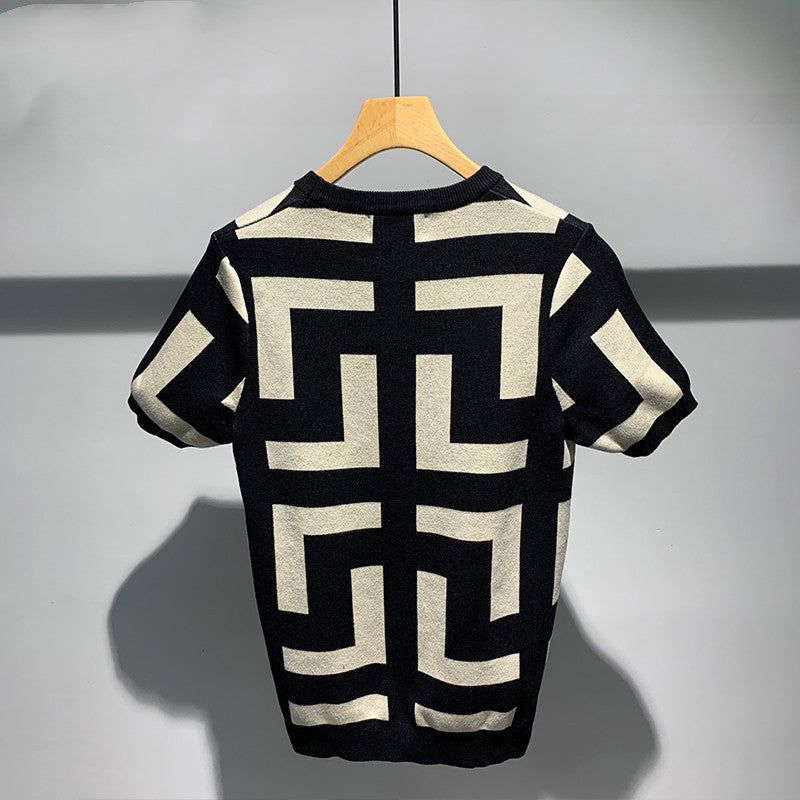 Men’s New Fashion Versatile Geometric Jacquard Sweater Half Sleeve Round Neck