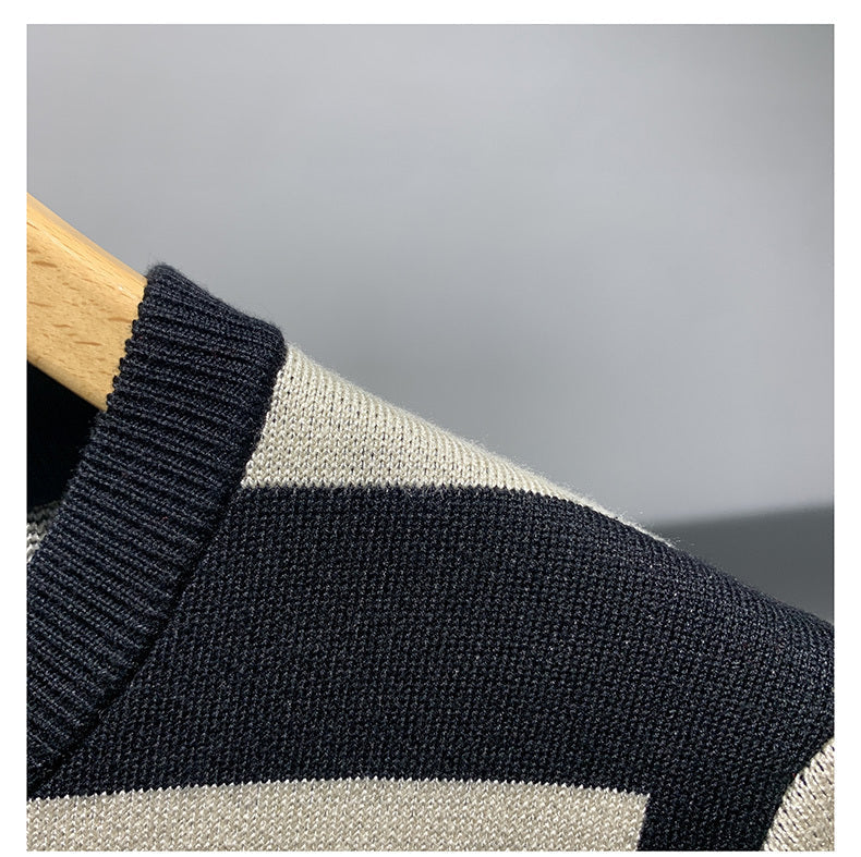 Men’s New Fashion Versatile Geometric Jacquard Sweater Half Sleeve Round Neck