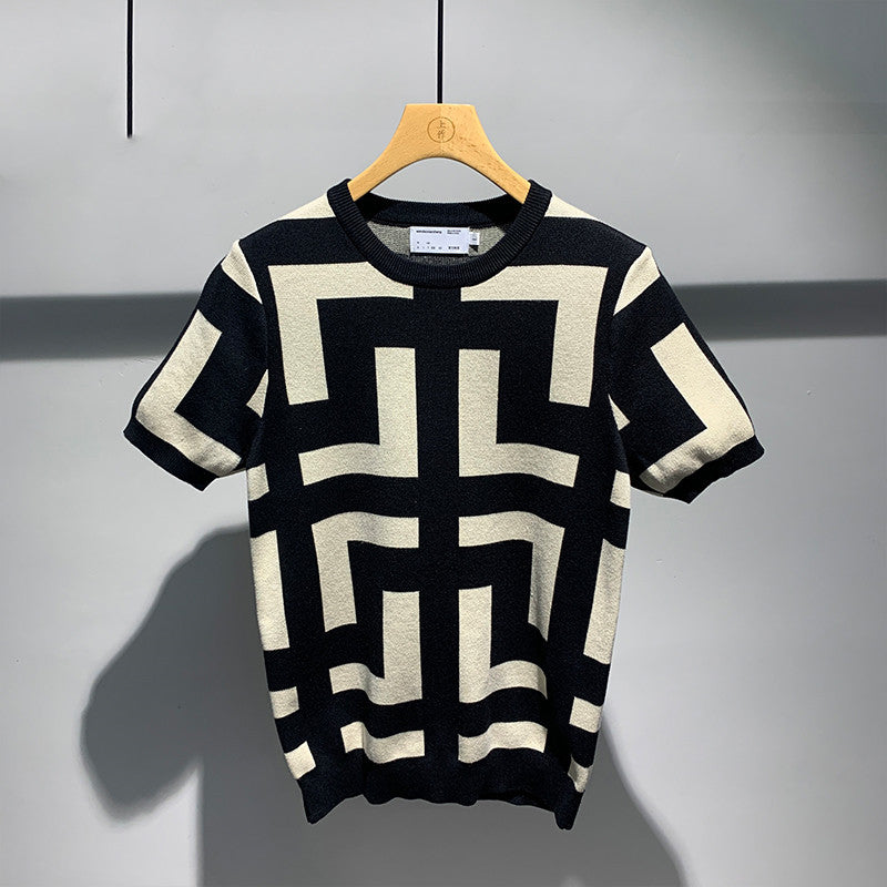 Men’s New Fashion Versatile Geometric Jacquard Sweater Half Sleeve Round Neck