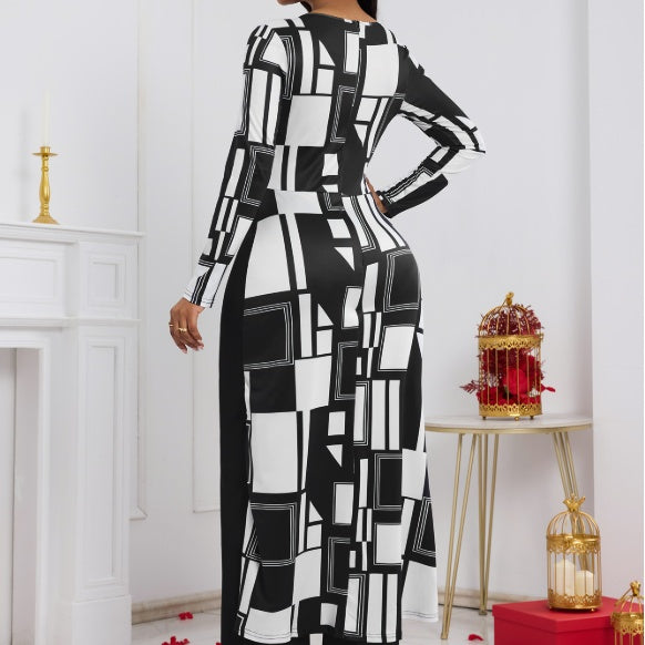 Ladies’ Fashionable And Elegant Commuting Versatile Geometric Pattern Print Autumn And Winter Long Sleeved Jumpsuit - 5