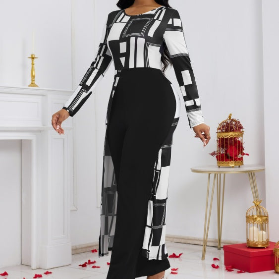 Ladies’ Fashionable And Elegant Commuting Versatile Geometric Pattern Print Autumn And Winter Long Sleeved Jumpsuit - 5