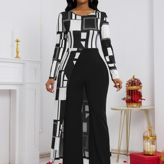 Ladies’ Fashionable And Elegant Commuting Versatile Geometric Pattern Print Autumn And Winter Long Sleeved Jumpsuit