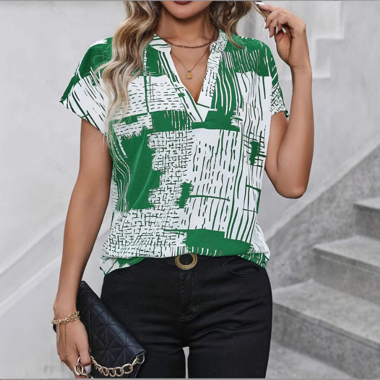 Short Sleeve V-neck Printed Shirt - Picture Color / S
