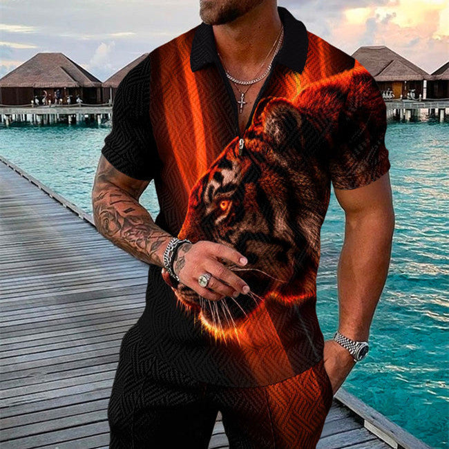 Men’s Summer Fashion 3D Printed Short Sleeve Geometric Zip Lapel Shirt Set