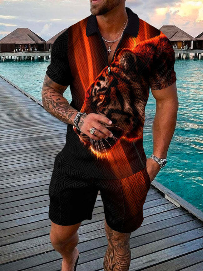 Men’s Summer Fashion 3D Printed Short Sleeve Geometric Zip Lapel Shirt Set - Black / S