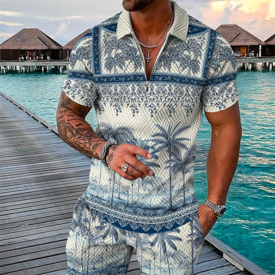 Men’s Summer Fashion 3D Printed Short Sleeve Geometric Zip Lapel Shirt Set