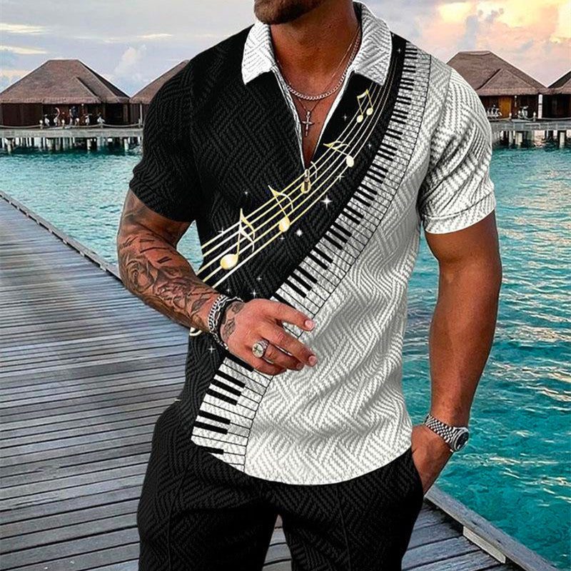 Men’s Summer Fashion 3D Printed Short Sleeve Geometric Zip Lapel Shirt Set