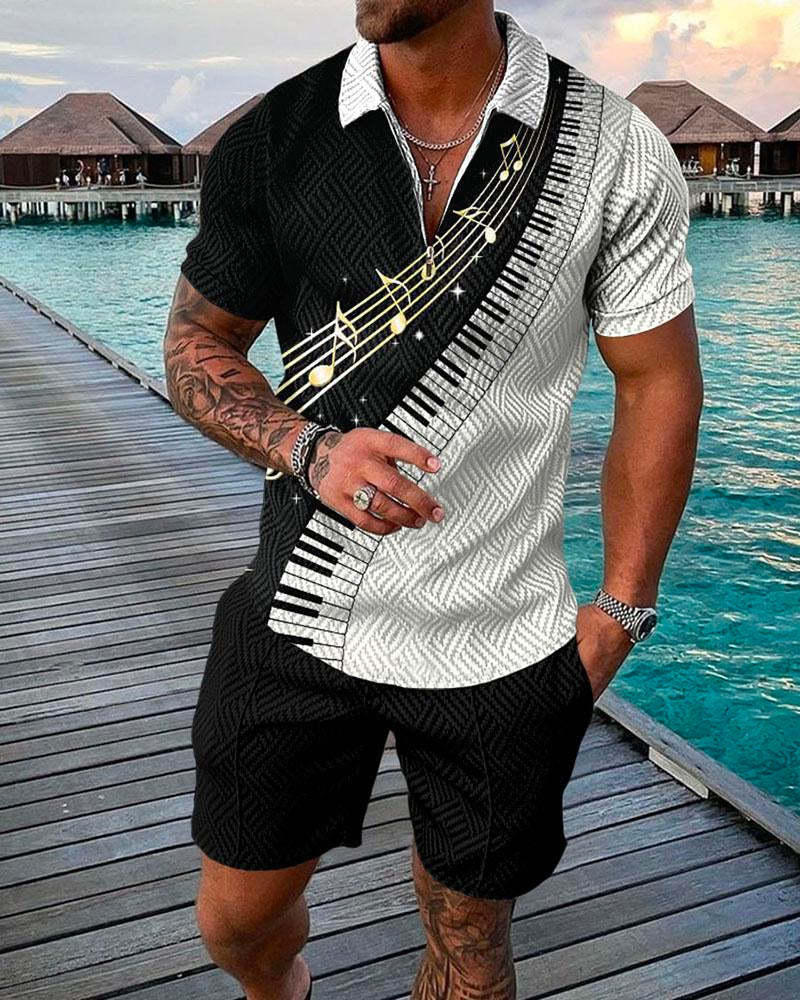 Men’s Summer Fashion 3D Printed Short Sleeve Geometric Zip Lapel Shirt Set - Black white / S