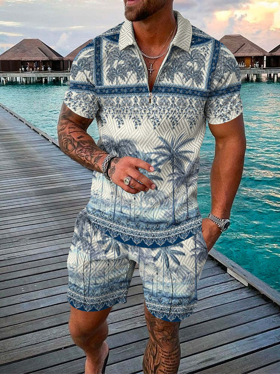 Men’s Summer Fashion 3D Printed Short Sleeve Geometric Zip Lapel Shirt Set - Blue / S