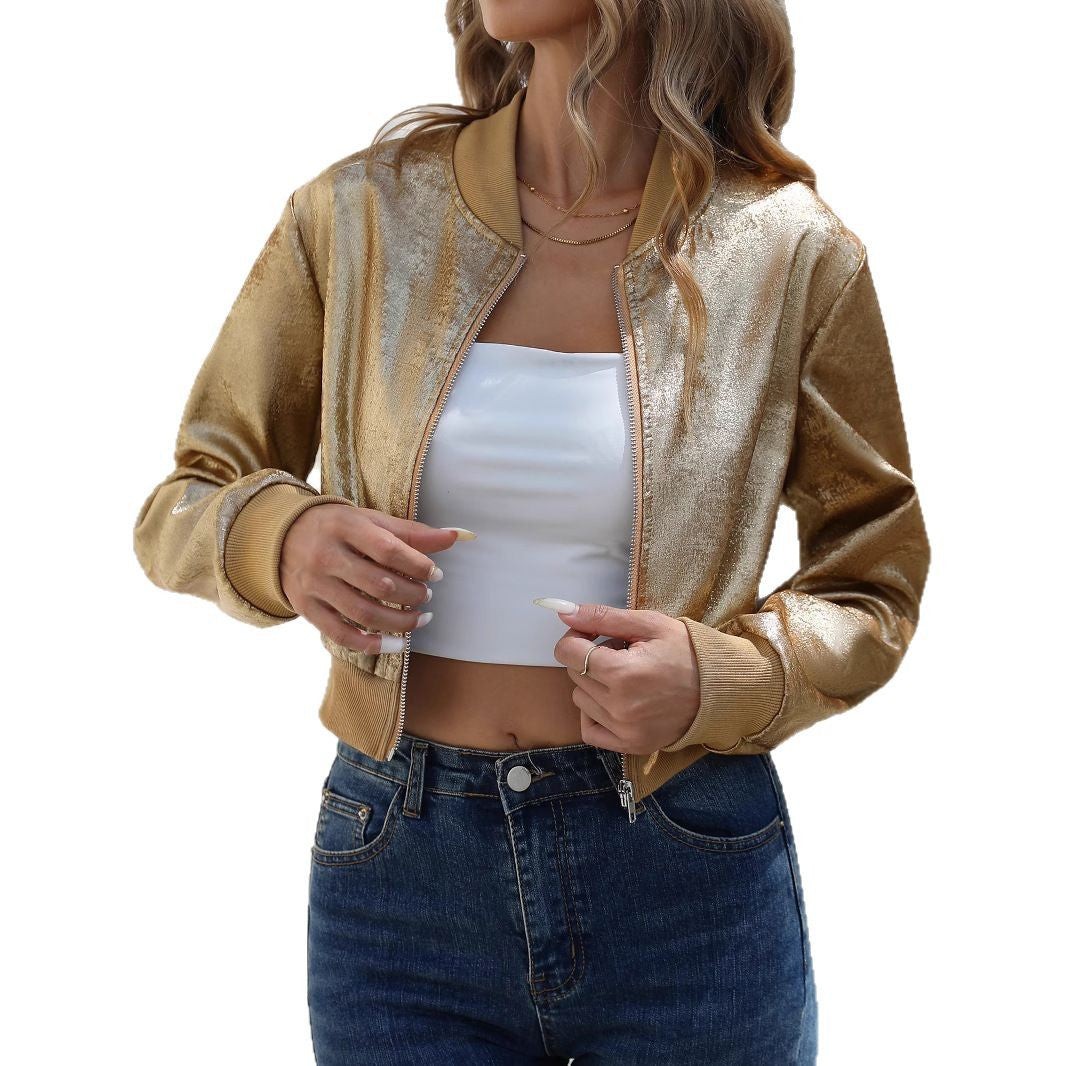 European And American Style Women Spring And Autumn Long Sleeve Zipper Gold Foil Casual Jacket