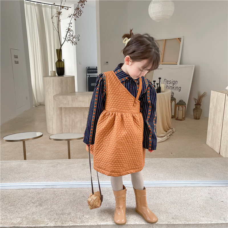Girls Plus Fleece Floral Shirt Fancy Strap Dress Two-piece Suit - Caramel / 80cm
