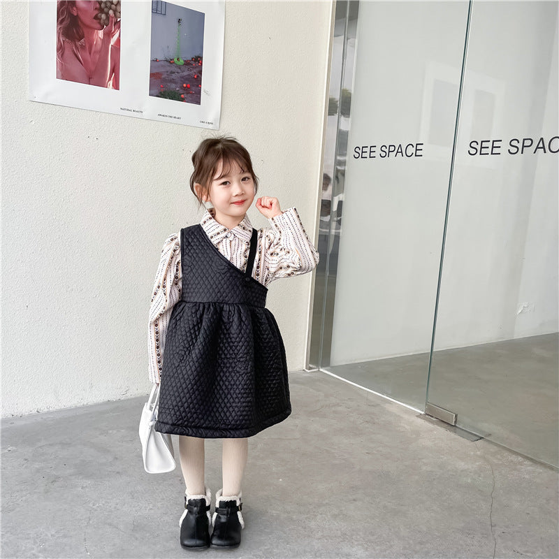 Girls Plus Fleece Floral Shirt Fancy Strap Dress Two-piece Suit - Black / 80cm