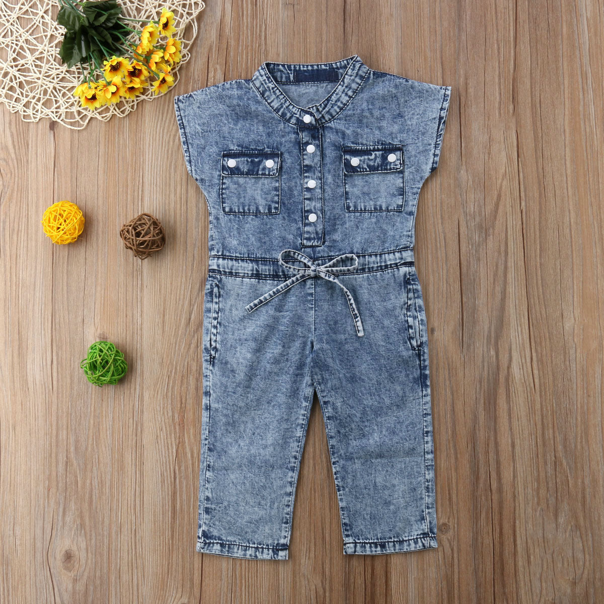 Short-Sleeved Girls Denim Jumpsuit For Kids In Summer Fashion Romper - Dark Blue / 90cm