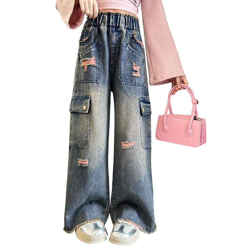 Girls’ Fashionable Gradually Varied Pink Broken Holes Pants