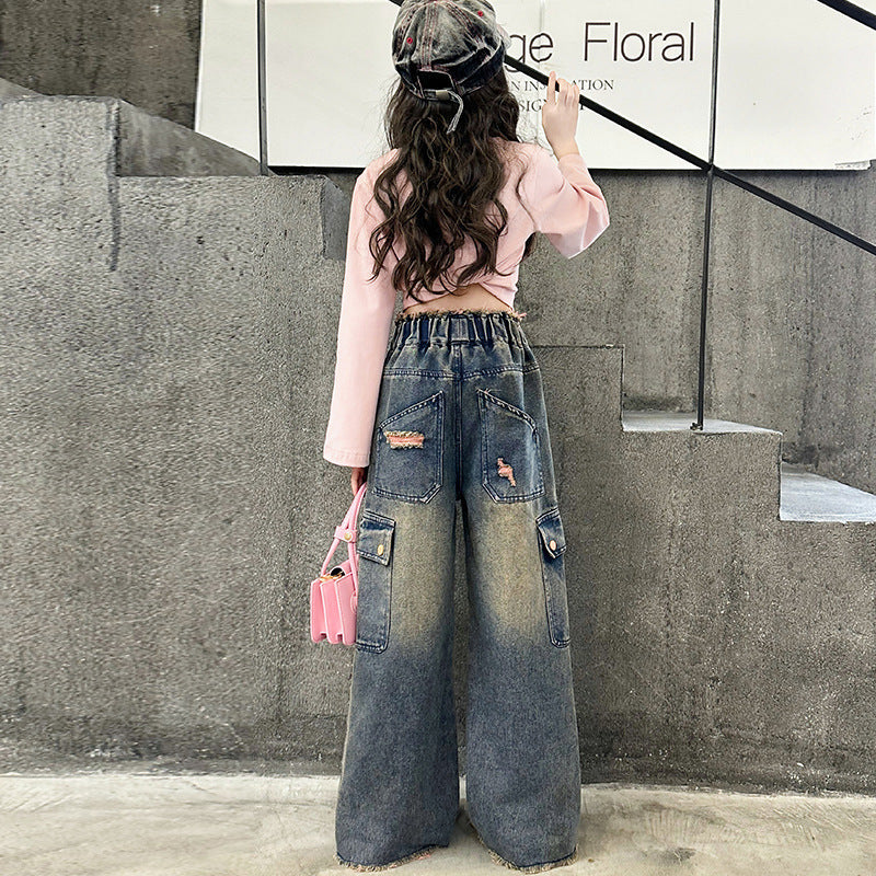 Girls’ Fashionable Gradually Varied Pink Broken Holes Pants