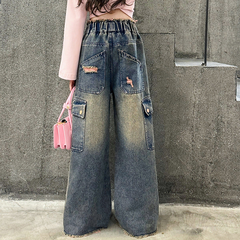 Girls’ Fashionable Gradually Varied Pink Broken Holes Pants
