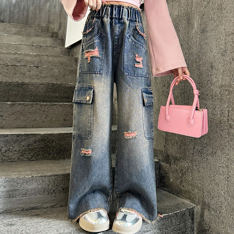 Girls’ Fashionable Gradually Varied Pink Broken Holes Pants - Pink Ripped Jeans / 120cm