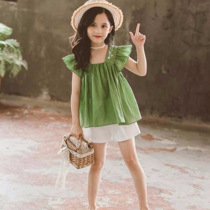 Girls Summer New Style Little Girl Fashionable Suit Children Western Style Short-Sleeved Children’s Clothing Big Girl
