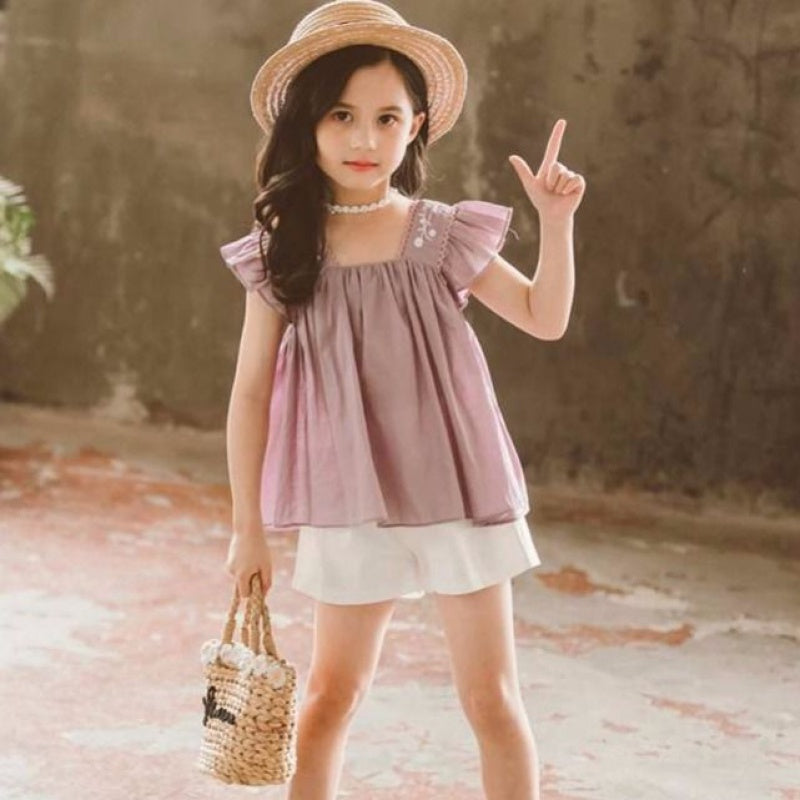 Girls Summer New Style Little Girl Fashionable Suit Children Western Style Short-Sleeved Children’s Clothing Big Girl