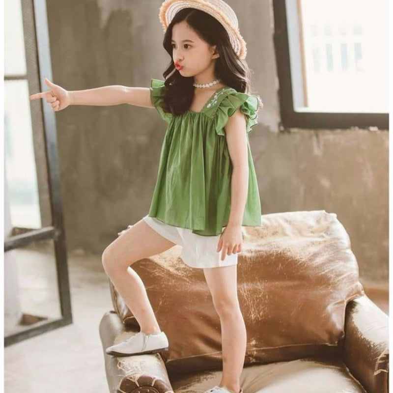 Girls Summer New Style Little Girl Fashionable Suit Children Western Style Short-Sleeved Children’s Clothing Big Girl