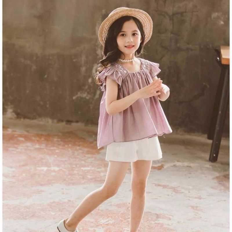 Girls Summer New Style Little Girl Fashionable Suit Children Western Style Short-Sleeved Children’s Clothing Big Girl