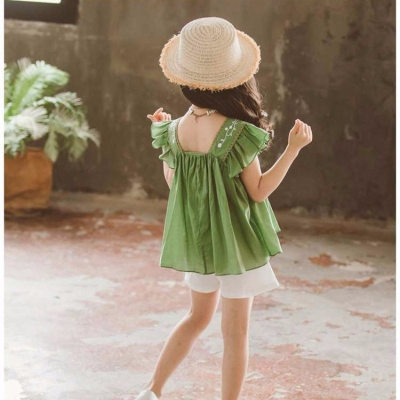 Girls Summer New Style Little Girl Fashionable Suit Children Western Style Short-Sleeved Children’s Clothing Big Girl