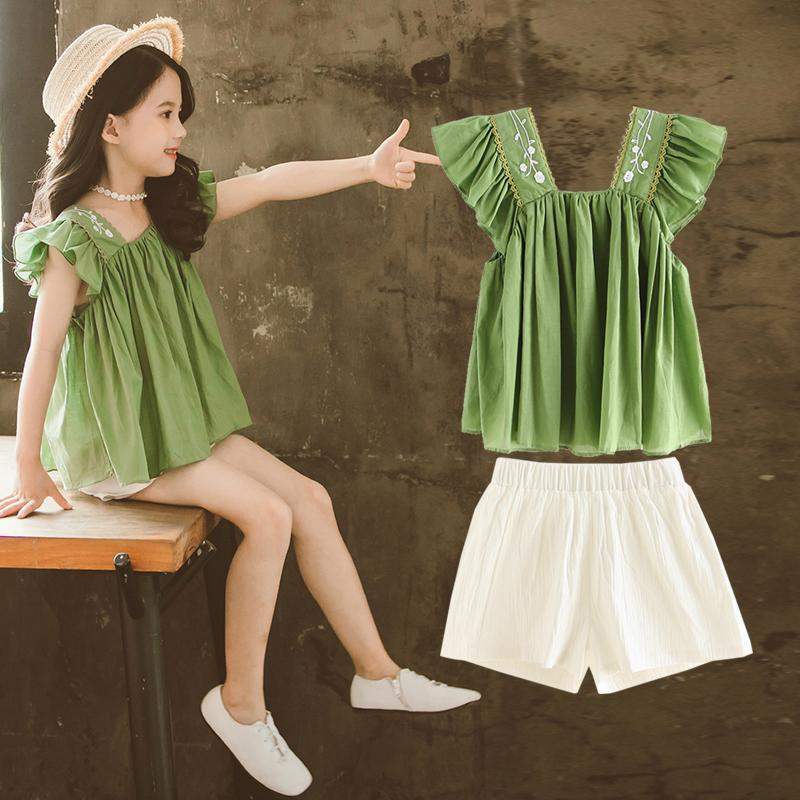 Girls Summer New Style Little Girl Fashionable Suit Children Western Style Short-Sleeved Children’s Clothing Big Girl