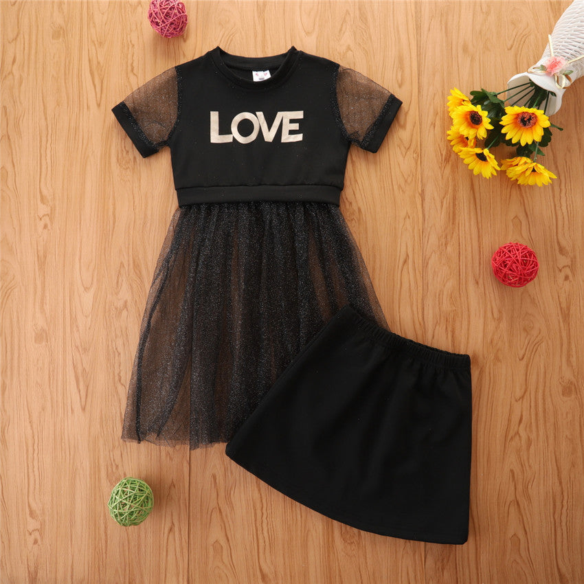 Girls’ Summer Print Two-piece Children’s Clothing - Black / 90cm