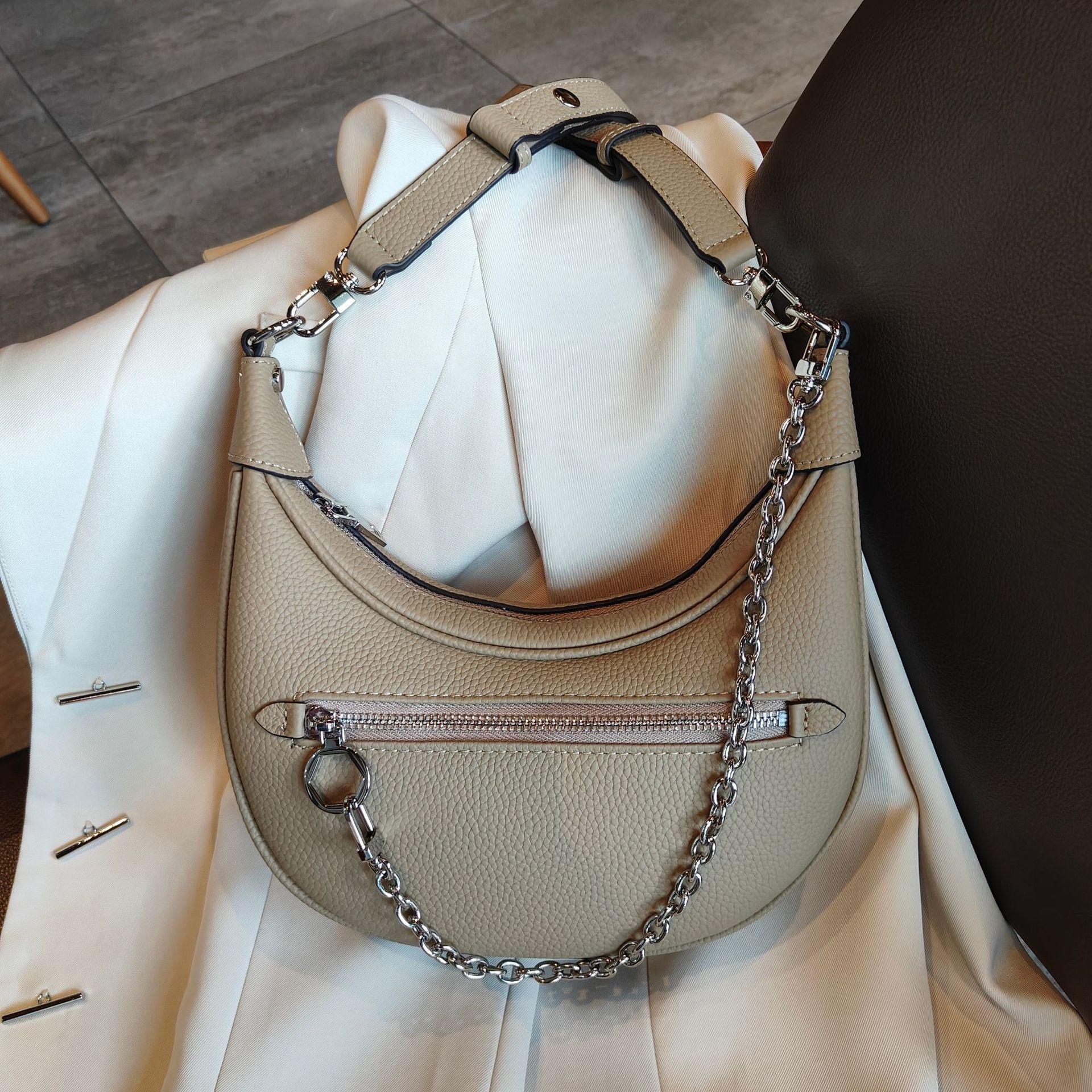 Global Luxury Fashion Brand Leather Pocket Bag - Khaki Light