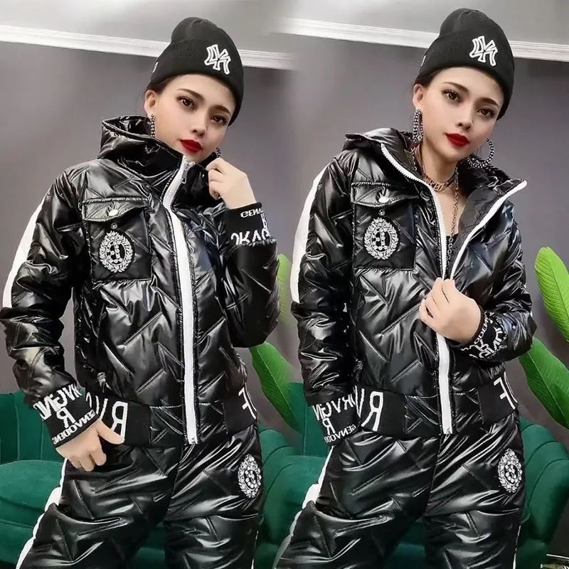 Women’s Hooded Padded Cotton Coat Cotton Pants Casual Two-piece Suit - Black / M