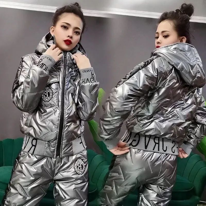 Women’s Hooded Padded Cotton Coat Cotton Pants Casual Two-piece Suit - Silver Gray / M