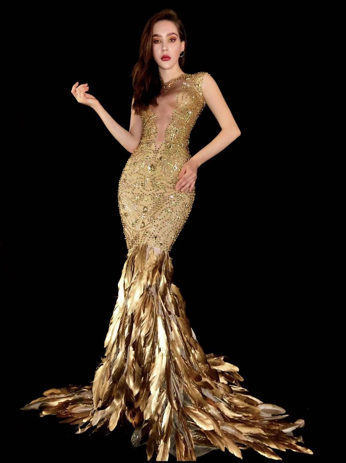Gold Feather Rhinestone Bag Hip Elastic Evening Dress - Gold / One size