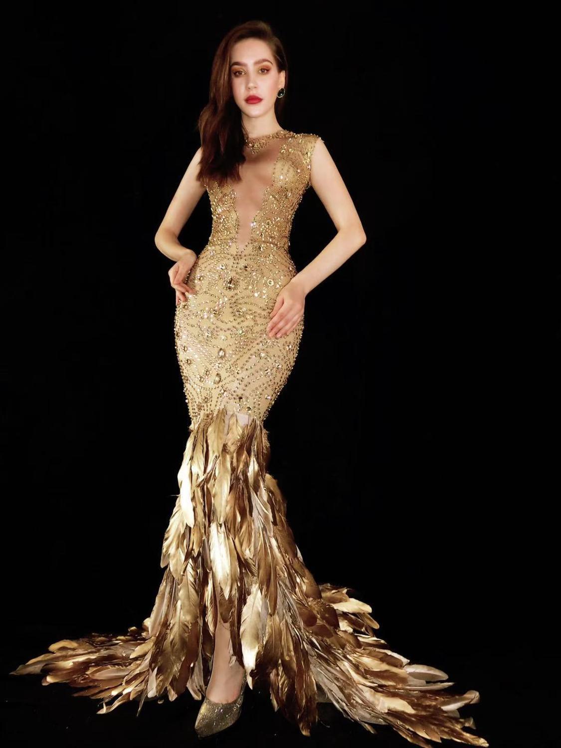 Gold Feather Rhinestone Bag Hip Elastic Evening Dress - Gold / One size