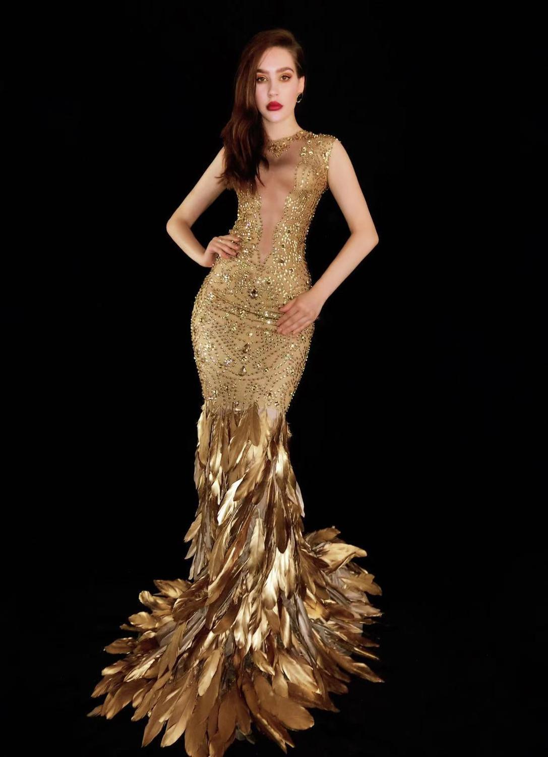 Gold Feather Rhinestone Bag Hip Elastic Evening Dress - Gold / One size