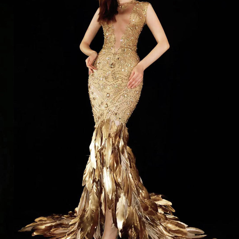 Gold Feather Rhinestone Bag Hip Elastic Evening Dress - Gold / One size