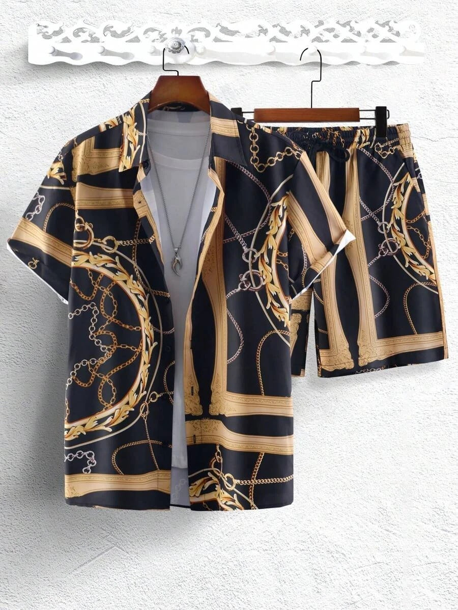Gold Luxury Chain 3D Digital Printing Shirt Shorts Suit - Black / S