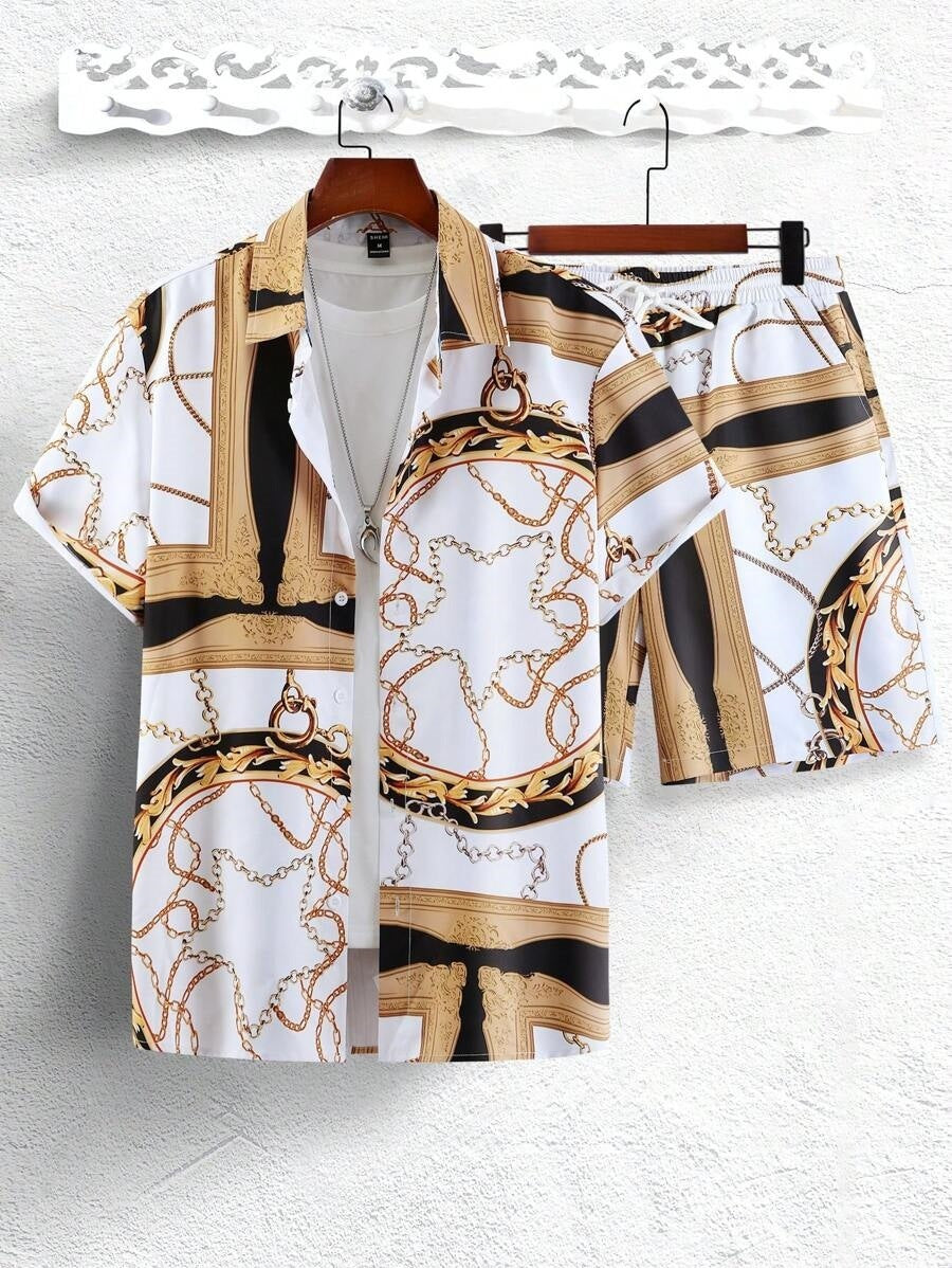Gold Luxury Chain 3D Digital Printing Shirt Shorts Suit - White / S
