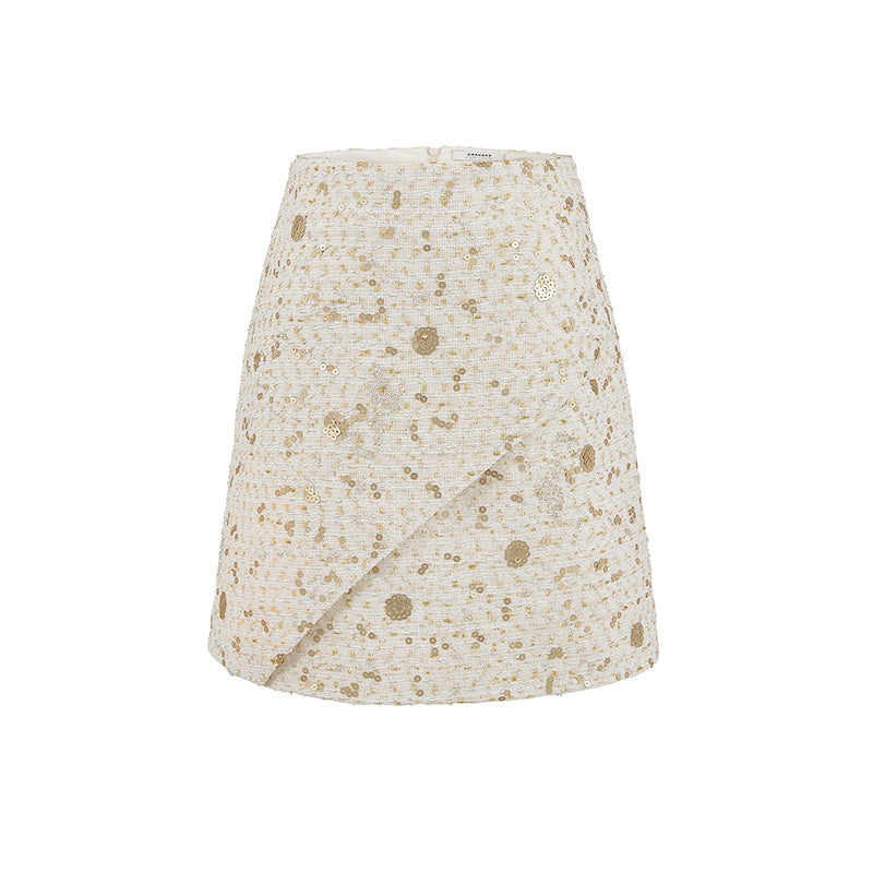 Gold Sequined White A- Line Style Skirt Short Skirt - Color / S
