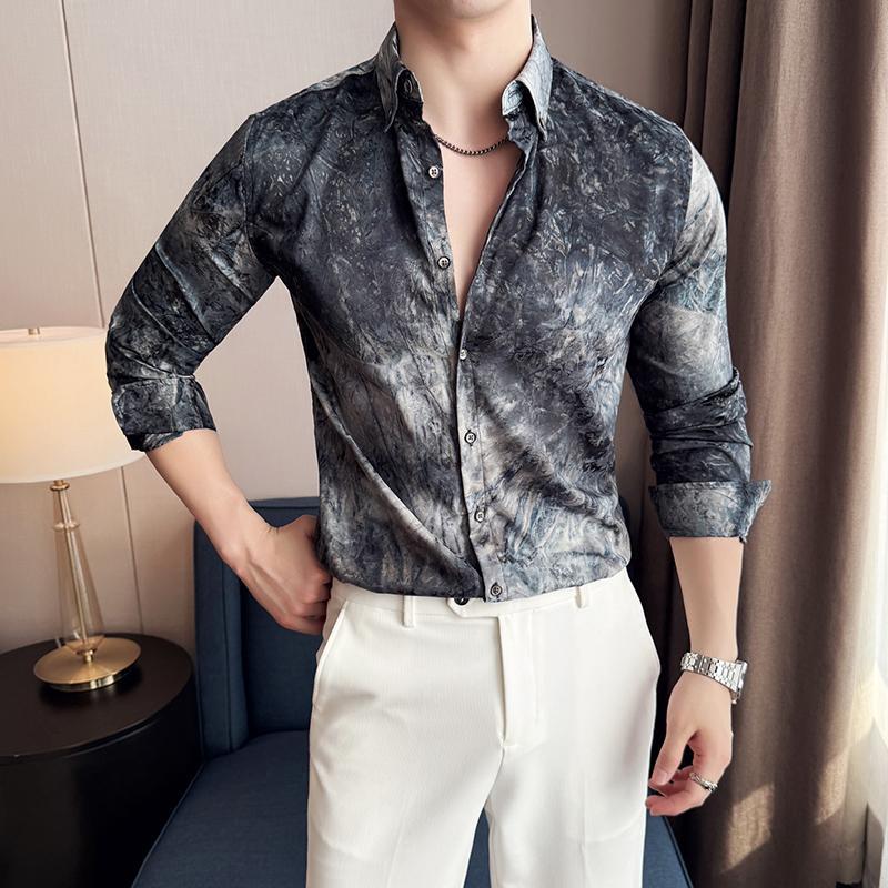 Trendy Tie-dye Printed Shirt Men’s Long Sleeve Spring Slim-fitting - Black / M